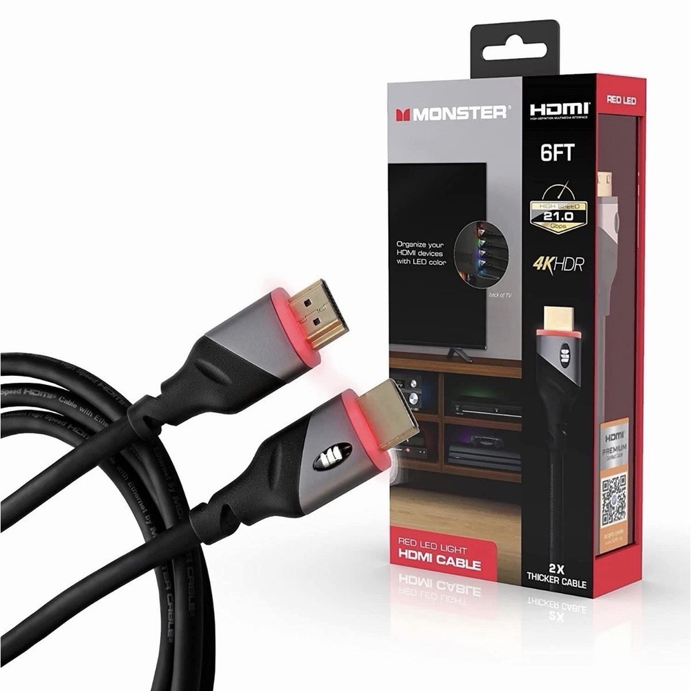 Monster HDMI High Speed 21.0 Gbps 4K HDR UHD Red 6 Ft‎ Cable Gold Plated Premium